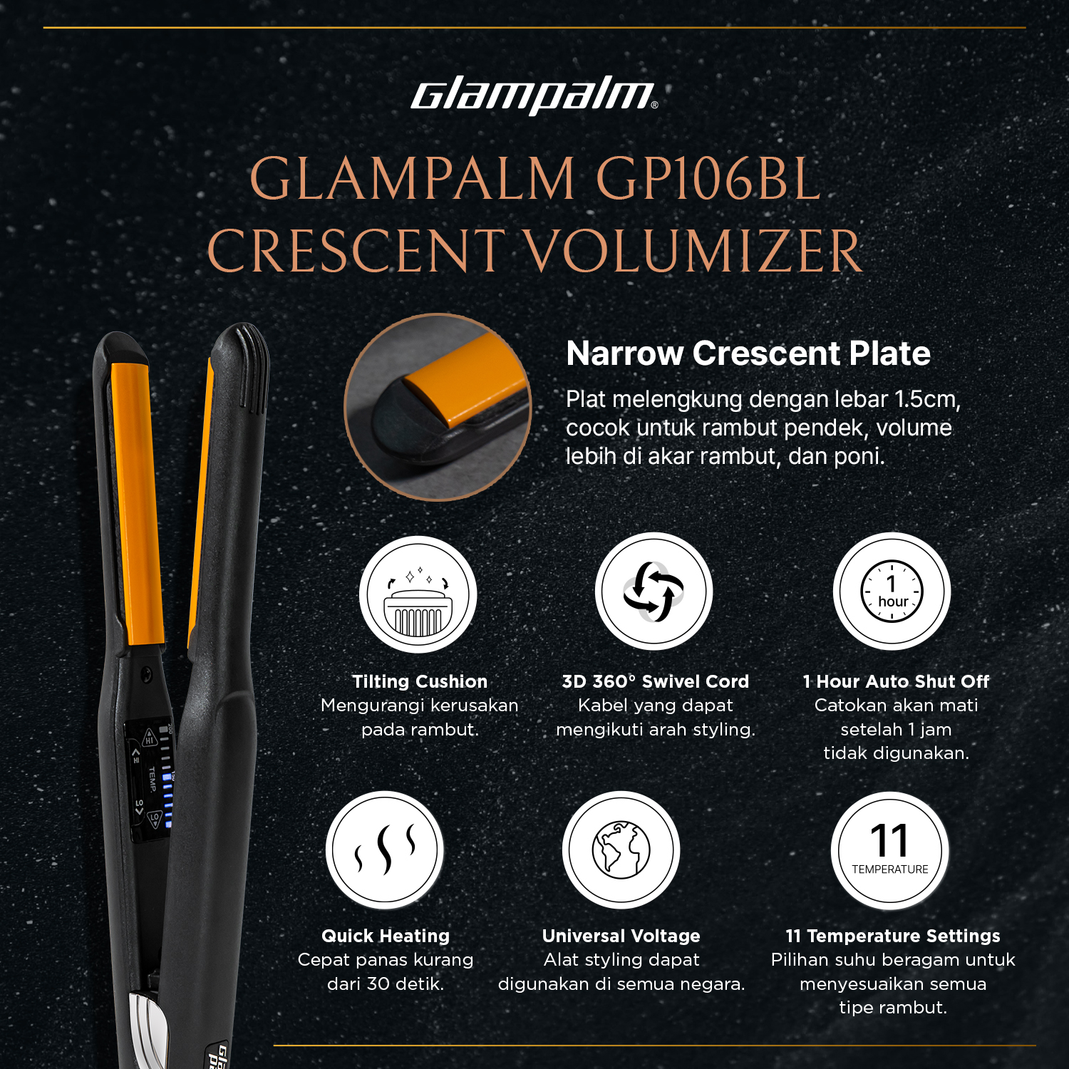 Glampalm Catokan Pelurus Rambut Crescent Volumizer Hitam 1.5 Cm - GP106BL